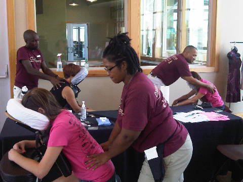 Getting a massage in a mobile massage chair